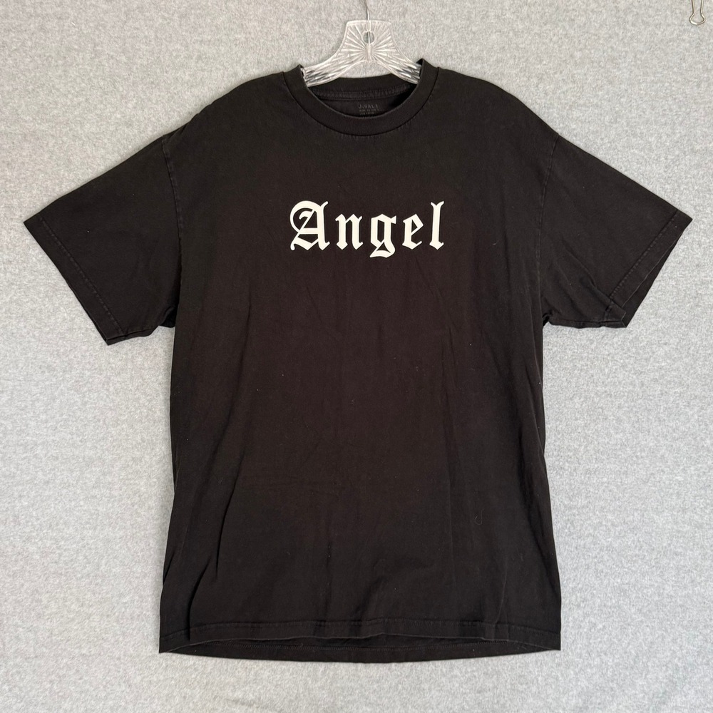 John Galt T-Shirt Womens size XL Black Angel Wings Back Old English Graphic Tee - Picture 1 of 6